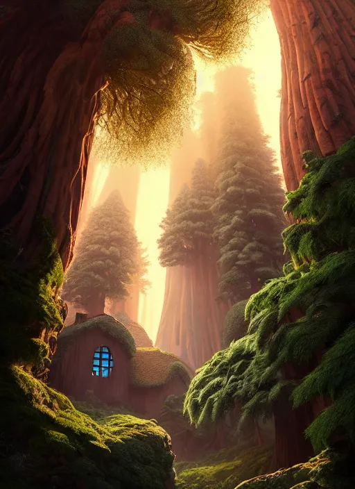 Image similar to random mystic sequoia forest giant house close - up fabulous portal, incredible, vector art, octane render, fabulous, hyper detailed, random cinematic view, no noise, global illumination, warm lighting, volumetric, godrays, vivid, beautiful, by jordan grimmer