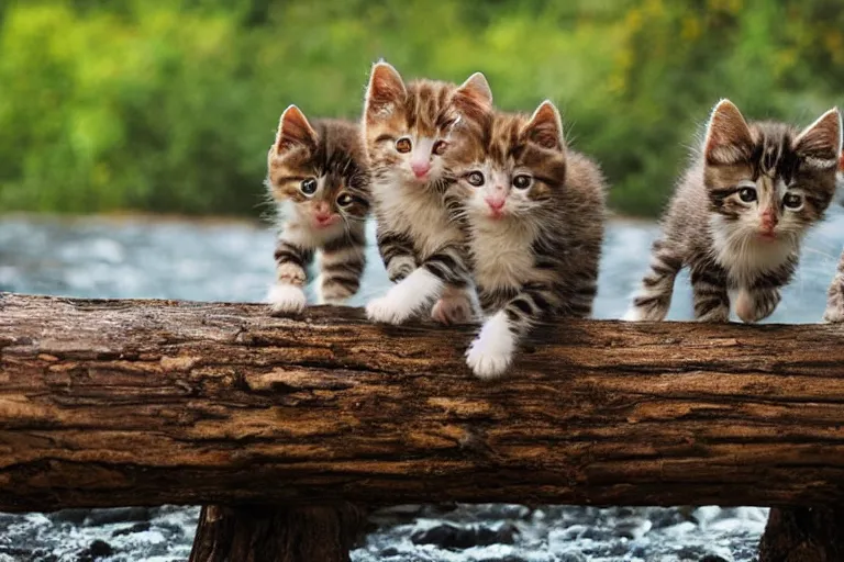 Image similar to kittens walking on a log that crosses a river