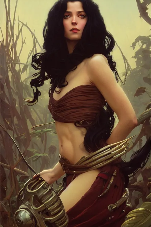 Prompt: sargent and leyendecker and greg hildebrandt highly detailed portrait of a woman with long black hair, swashbuckler, stephen bliss, unreal engine, by greg rutkowski, loish, ferdinand knab, ilya kuvshinov, rossdraws, tom bagshaw, alphonse mucha, global illumination, radiant light, detailed and intricate environment