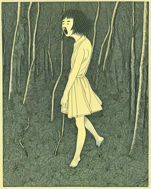 Image similar to in the style of audrey kawasaki, shinsui ito, transparent ghost screaming, full body, in the woods, moody lighting