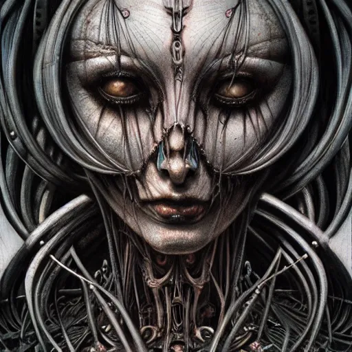 Image similar to a portrait of a beautiful biomechanical queen of necropolis, horror concept art by giger and beksinski and szukalski, digital art, highly detailed, intricate, sci-fi, sharp focus, Trending on Artstation HQ, deviantart, unreal engine 5, 4K UHD image