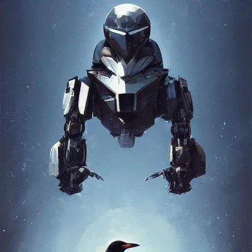 Prompt: award winner movie poster, mecha with penguin helmet, by greg rutkowski