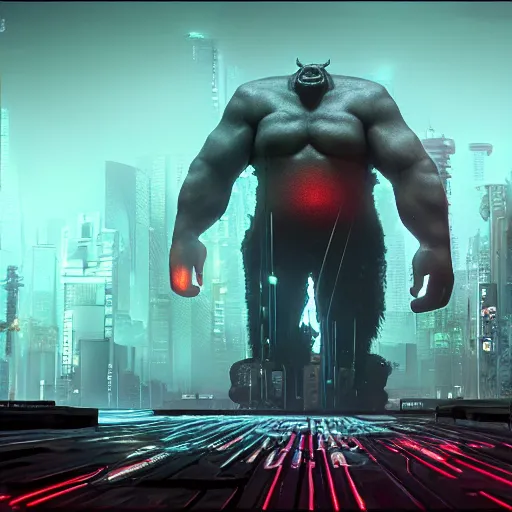 Image similar to cyberpunk boss fight, giant orc. cinematic wide shot