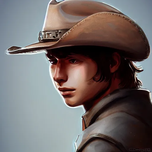 Image similar to a portrait of a teenager with an American cowboy hat, D&D, sci-fi, elegant, hopeful, muscular, highly detailed, digital painting, artstation, concept art, smooth, sharp focus, illustration