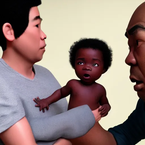 Image similar to black baby held by shocked asian man who cannot believe his eyes, award winning art, pixar, 3 d render, unreal engine