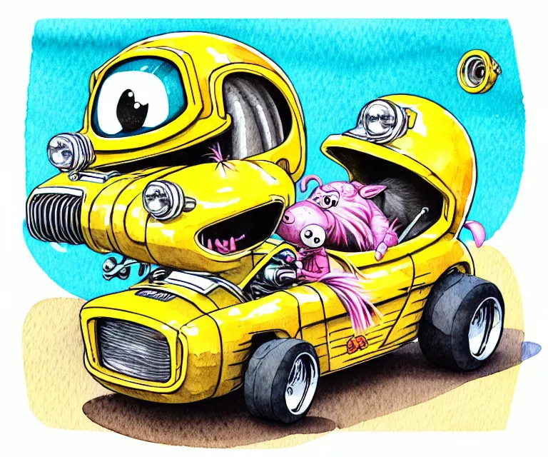 Prompt: cute and funny, mangalitsa wearing a helmet driving a tiny hot rod with an oversized engine, ratfink style by ed roth, centered award winning watercolor pen illustration, isometric illustration by chihiro iwasaki, edited by craola, tiny details by artgerm and watercolor girl, symmetrically isometrically centered