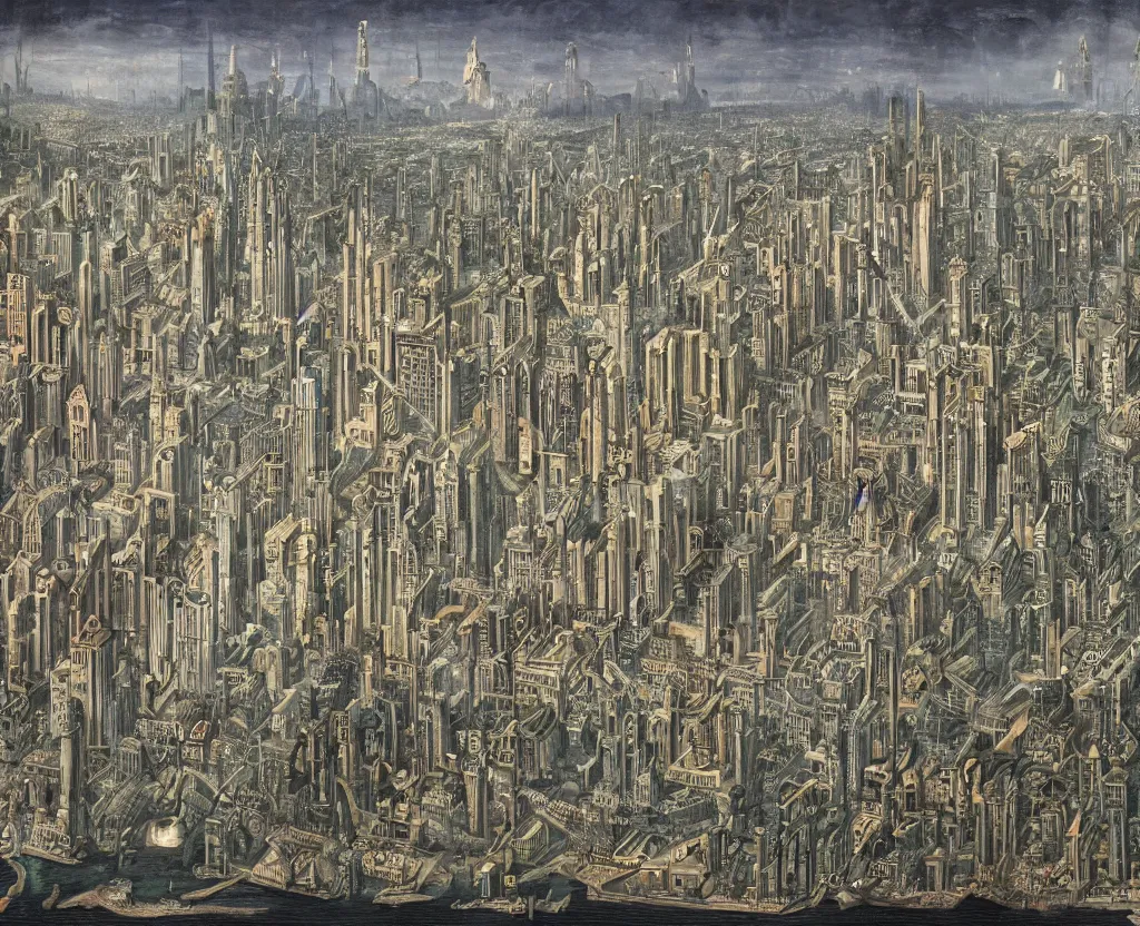 Prompt: a megalopolis in the style of Dystopian gothic surrealism painting