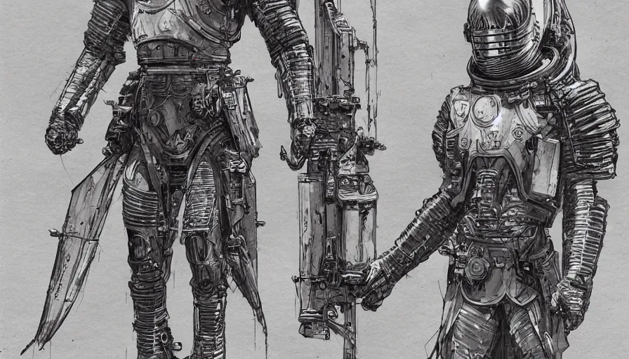 Image similar to Knights Templar wearing space power suit concept art, pen and ink, intricate line drawings, by John Harris, Emil Melmoth, Craig Mullins, yoji shinkawa, artstation, moebius comic, Marc Simonetti, lan McQue, Kentaro, Miura, hyper detailed, cinematic