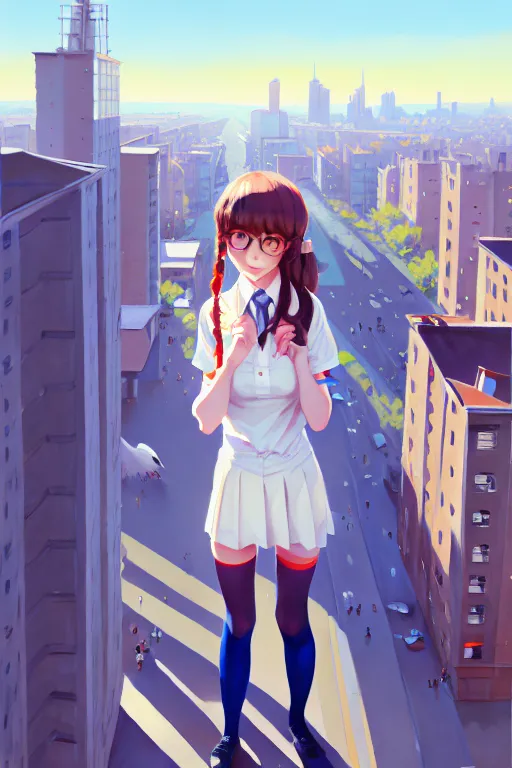 Prompt: a cute giantess wearing school uniform standing in the city which seem small, bird's eye view, gouache, 8 k wallpaper, strong brush stroke, very high detailed, sharp focus, illustration, morandi color scheme, art station, by krenz cushart