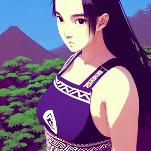 Image similar to a beautiful plus sized model japanese natalie portman, alluring plus sized model, wearing mayan leotard with elegant mayan apron overalls, street fashion hip hop style with mayan patterns, aztec street fashion, gapmoe yandere grimdark, trending on pixiv fanbox, painted by greg rutkowski makoto shinkai takashi takeuchi studio ghibli, akihiko yoshida