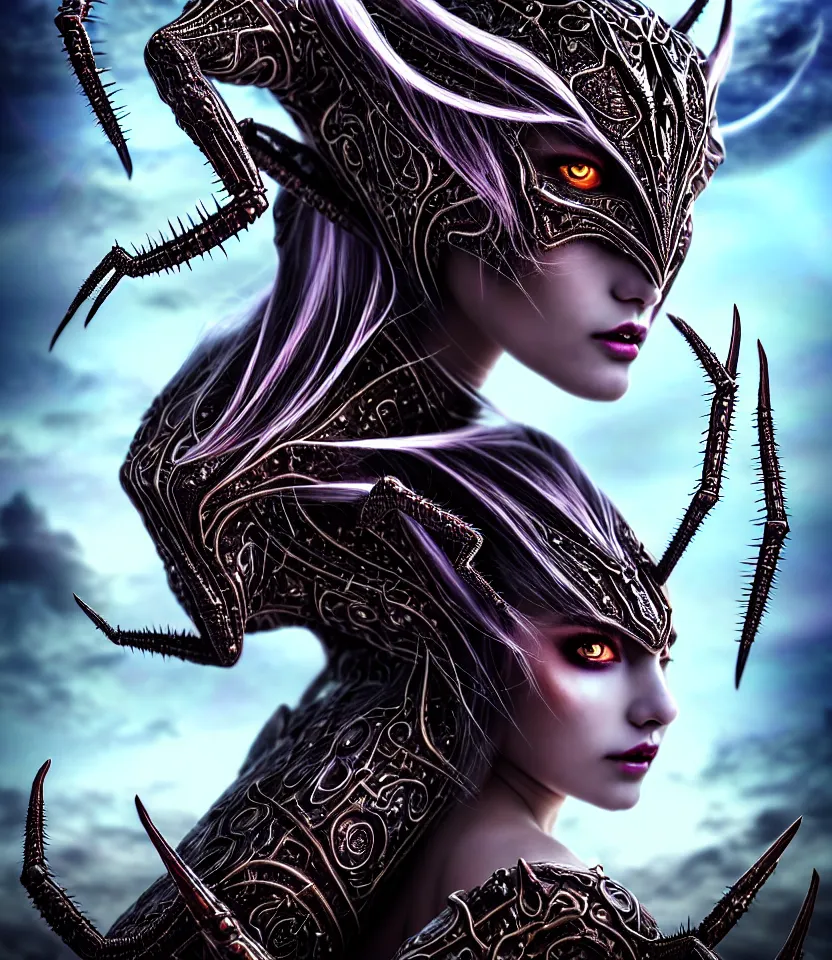 Image similar to close up portrait on the enchanting femenine queen of the zerg, hyper attractive, seductive, very complex, hyper-maximalist, overdetailed, legendary cinematic, darkfantasy, archetype with timeless beauty breathtaking eyes, her spider like legs spread evenly around her framing the image, collossal alien ship in the sky behind her, highly intricate, digital art, very elegant, HDR 8K, biblical art, realism, incomprehensible yet perspicious detail, unbeatable quality, silent hill aesthetic, photorealistic, lifelike, DSLR 8k, unbeatable coherency, Omnious intricate, octane render, created Nixeu & z--ed from deviantart