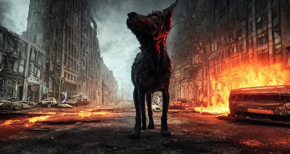 Image similar to A beautiful hyperrealistic ultradetailed matte painting of a demonic Hellhound on fire standing in the middle of city street at night in an abandoned post-apocalyptic city, unreal engine, deviant art, flickr, artstation, octane render, textured, colorful, hyperrealistic, physically based rendering, pbr render, very detailed, volumetric lighting, octane render, 4k, cinematic, 8k resolution,