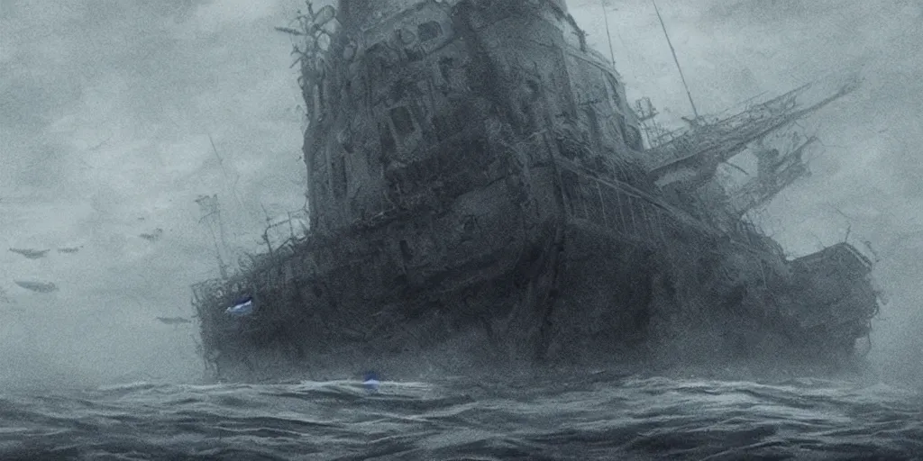 Image similar to an old ship on the bottom of the ocean that sunk long ago. mysterious, intimidating, haunted. horror movie screencap. epic. trending on artstation