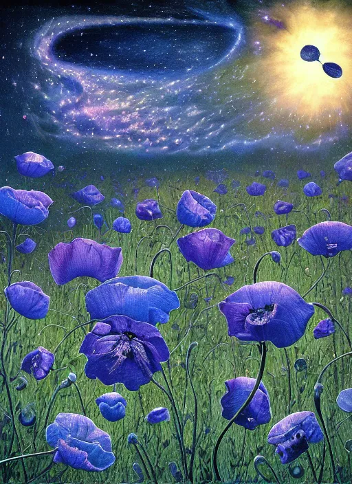 Image similar to detailed, intricate blue black and purple papaverum flower on the field, nebula, galaxy in the sky, winning award masterpiece, fantastically beautiful, illustration, aestheticly inspired, jacek yerka, upscale with anguissola sofonisba work, artstation, 8 k