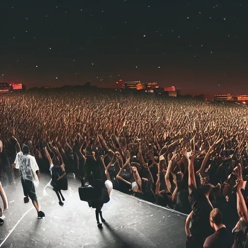 Prompt: photorealistic render of an old school hip hop concert taking place on a basketball court at night behind a large brick apartment from the view of a rapper that is standing on stage yelling into the mic looking out into a crowd of people dancing with their hands in the air, a dj with audio equipment at the back of the stage, octane render