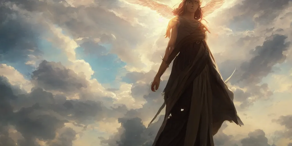 Prompt: a biblically accurate angel, dramatic sky, distant shot, anime art, Greg Rutkowski, dramatic lighting