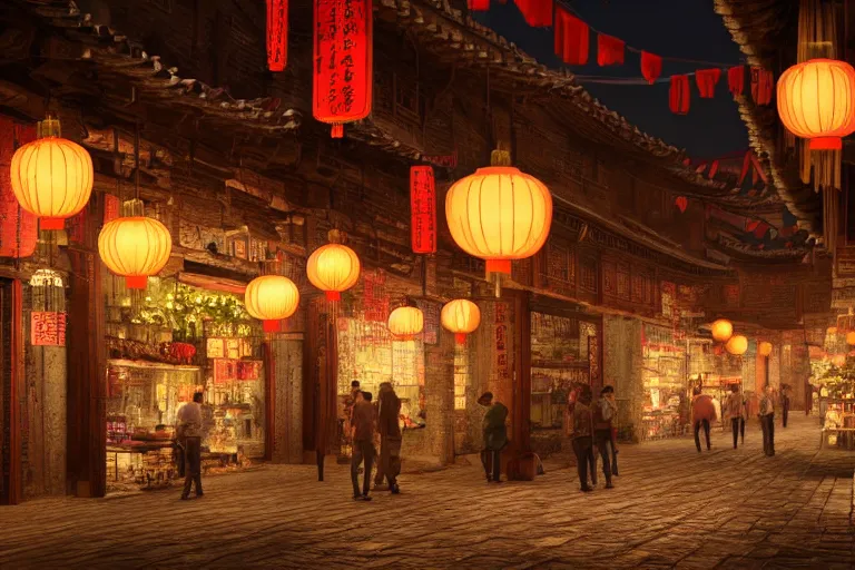 Image similar to Miniature of a rustic chinese street with shops, glowing lamps, octane render