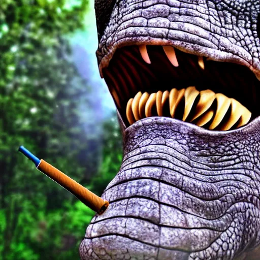 Image similar to dinosaur smoking a cigarette in their mouth realistic hdr professional shot