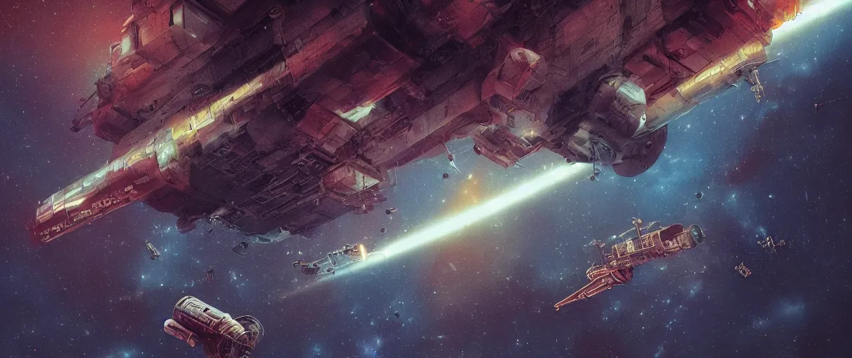 Image similar to tiny spaceship, deep space exploration!!!, flying, the expanse tv series, industrial design, the final frontier, illustrative!!, punk!!!, space pirate, hyperdetailed, hyperrealistic, utilitarian cargo ship, underexposed, cinematic lighting, 4k, wide angle, beksinski, (neon colors)