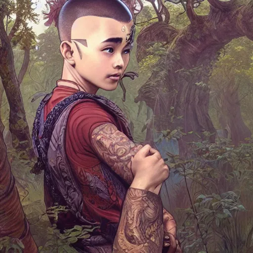 Prompt: intricate detailed portrait painting of aang on a beautiful forest meadow, temple ruins surrounded by lush forest, afternoon, intricate, elegant, highly detailed, digital painting, sharp, focus, illustration art by artgerm and greg rutkowski and alphonse mucha