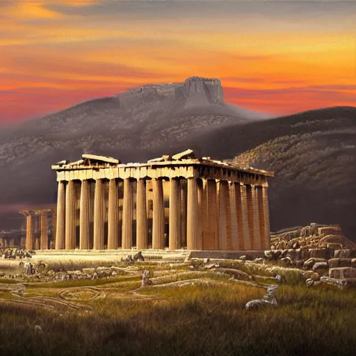 Image similar to the Parthenon with wings, flapping its wings flying in sunset sky, oil on canvas, portrait, intricate, 8k highly professionally detailed, HDR, CGsociety