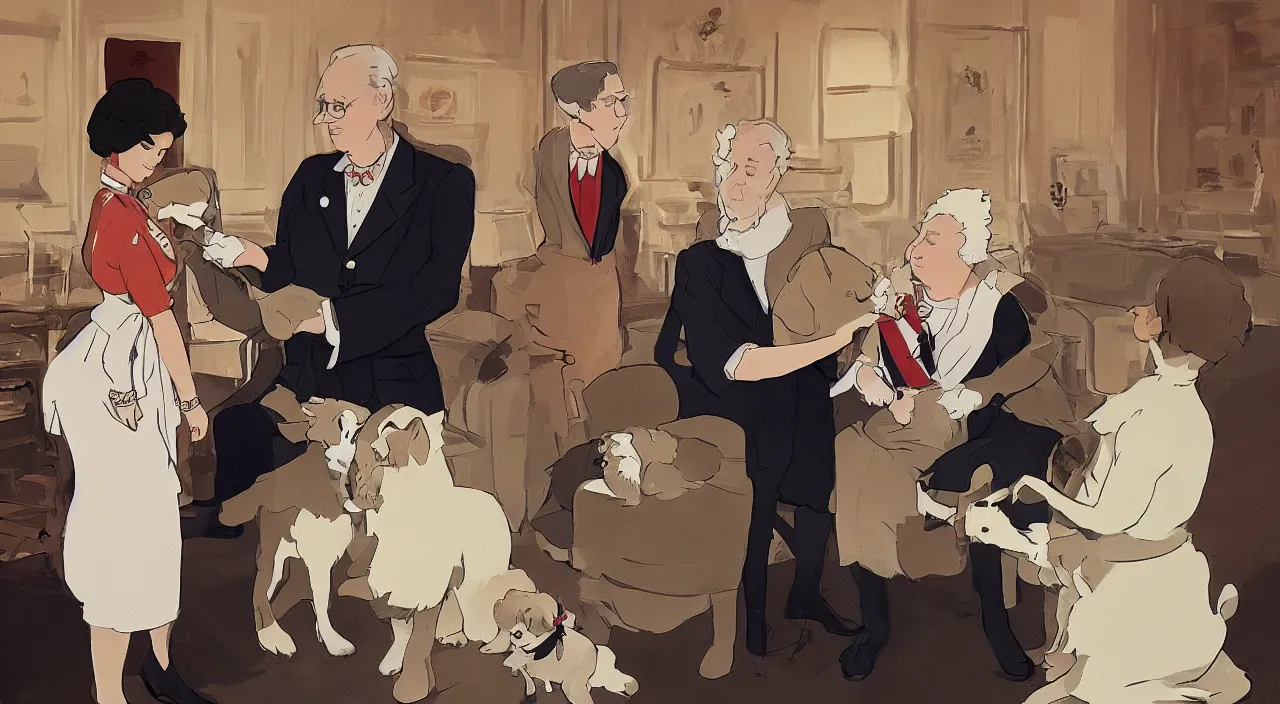 Image similar to queen of england placing the victoria cross around the neck of a cream - colored havanese dog, england, 1 9 0 0, tartakovsky, atey ghailan, goro fujita, studio ghibli, rim light, happy, warm lighting, clear focus, very coherent