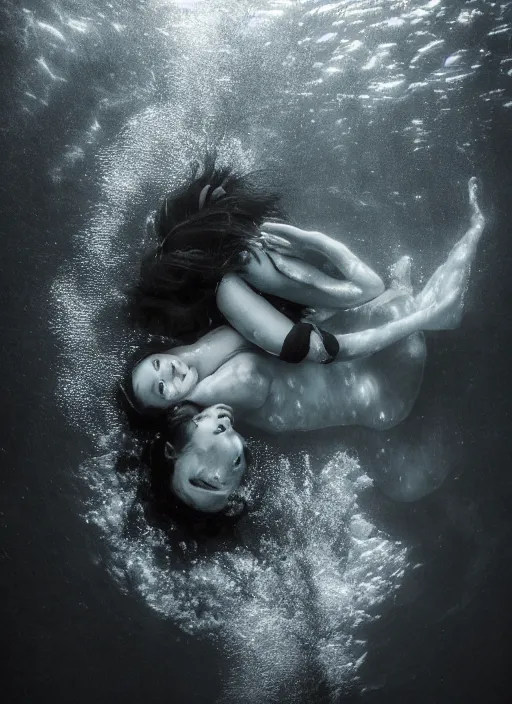 Image similar to a photo of a a vast underwater with a woman in the center curled and hugging her knees. Cinematic post-processing. Award winning portrait photography. Sharp eyes.
