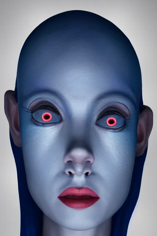 Image similar to beautiful studio portrait of an elegant blue alien woman with insect eyes, wearing an outfit made from plutonium, character art, silicone skin, symmetrical face, by luc besson and denis villeneuve, the 5 th element, hyperrealism, cinematrographic, sharp details, 3 5 mm, f / 2 4, masterpiece, artstation