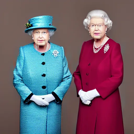 Image similar to A portrait photo of queen elizabeth teams up with a teenage queen elizabeth, perfect faces, 50 mm, award winning photography