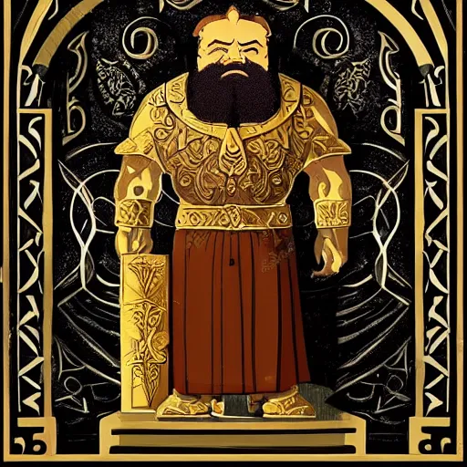 Image similar to a dwarven king he was on carven throne, in many - pillared halls of stone, with golden roof and silver floor, and runes of power upon the door, the light of sun and star and moon in shining lamps of crystal hewn, fantasy, intricate detail