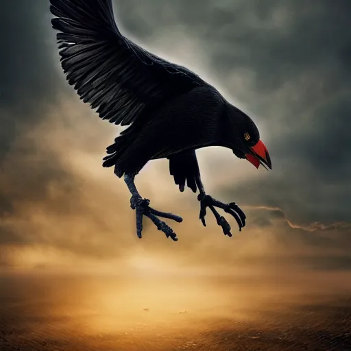 Prompt: Crow Fursuit, center composition, dark clouds, golden hour, dream-like heavy atmosphere, hyperrealistic, beautiful detailed intricate insanely detailed octane render trending on Artstation, 8K artistic photography, photorealistic, dramatic volumetric cinematic perfect light, chiaroscuro, award-winning photograph, masterpiece,