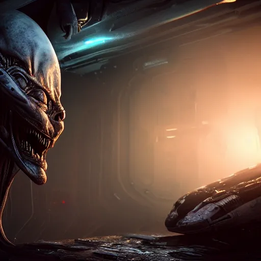 Image similar to a horrified man on a spaceship face to face with an alien from another galaxy, volumetric lighting, 8 k octane beautifully detailed render, post - processing, extremely hyper - detailed, intricate, epic composition, cinematic lighting, masterpiece, trending on artstation, detailed detailed detailed, masterpiece, beautiful cinematic light,