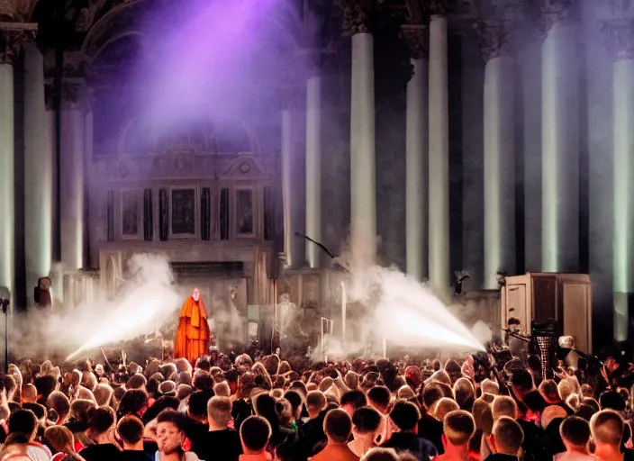 Image similar to a high resolution photograph of sunn o ) ) ) playing live at the vatican with monk robes, smoke machines, huge walls of amplifiers, many amplifiers stacked high, ornate