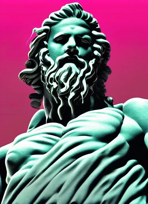 Image similar to statue of zeus, beeple, vaporwave, retrowave, black background, neon, black, glitch, strong contrast, pinterest, trending on artstation