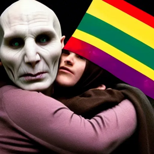 Image similar to voldemort and harry potter hugging, pride flag background