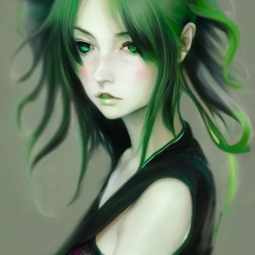 Image similar to facial portrait of a young pretty anime woman, green hair, dark eyes, gothic eyeliner, headshot, Charlie Bowater, Anna Dittmann, WLOP, Rumiko Takahashi, Akihiko Yoshida, Hyung-tae Kim, alexander mcqueen, trending on Artstation