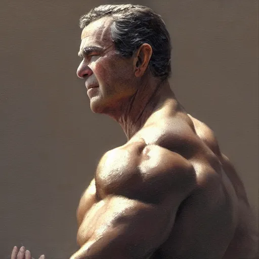 Image similar to detailed realistic cinematic wide shot of beautiful attractive muscular george bush wearing black gold robe slim face symettrical face clean skin black eyes black robe smooth, sharp focus, ultra realistic, spring light, painting by gaston bussiere, craig mullins, j. c. leyendecker