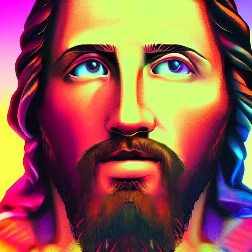 Prompt: Digital art of Jezus Christ as a cool dude in vaporwave style, 8k, trending on artstation, hyper realistic, award winning art,