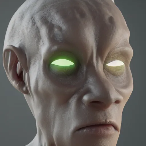 Image similar to a sculpure of an humanoid male alien made of translucid plastic, inside him there is luminiscent fluids, he has an elongated head shape, unreal engine 5