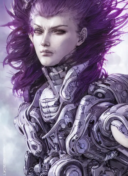 Image similar to close up portrait of a pale woman in sci - fi power armor with purple ponytail hair, powerful, domineering, stoic, intense, ultrafine hyperdetailed illustration by kim jung gi, irakli nadar, intricate linework, sharp focus, octopath traveler, yoji shinkawa, highly rendered, radiant light, detailed, intricate environment