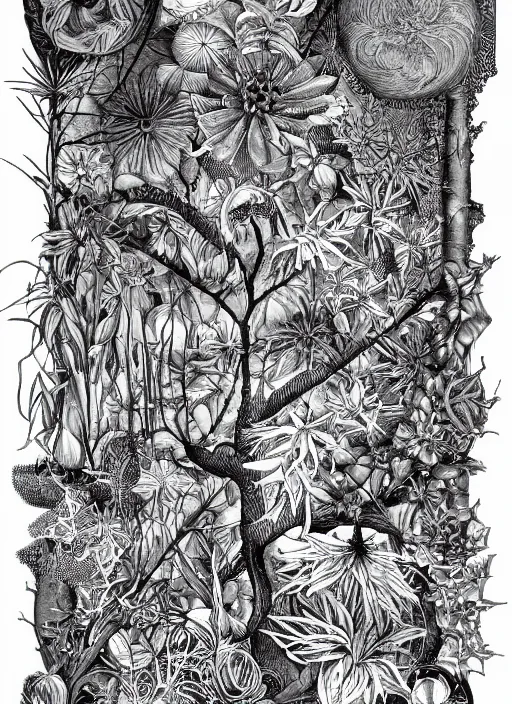 Prompt: black and white botanical art of mysterious and arcane mechnical items. composition, boho mystical, fine lines, very high details