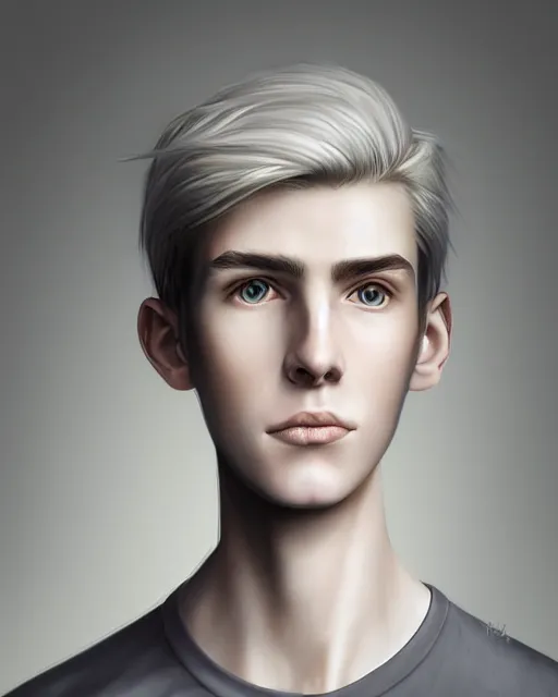 Image similar to portrait of 1 5 - year - old boy, a tall, slender boy with a pale, pointed face, sleek blond hair, and ice grey eyes, wearing in shirt, hyper realistic face, beautiful eyes, character art, art by mark brooks, trending on artstation, digital art