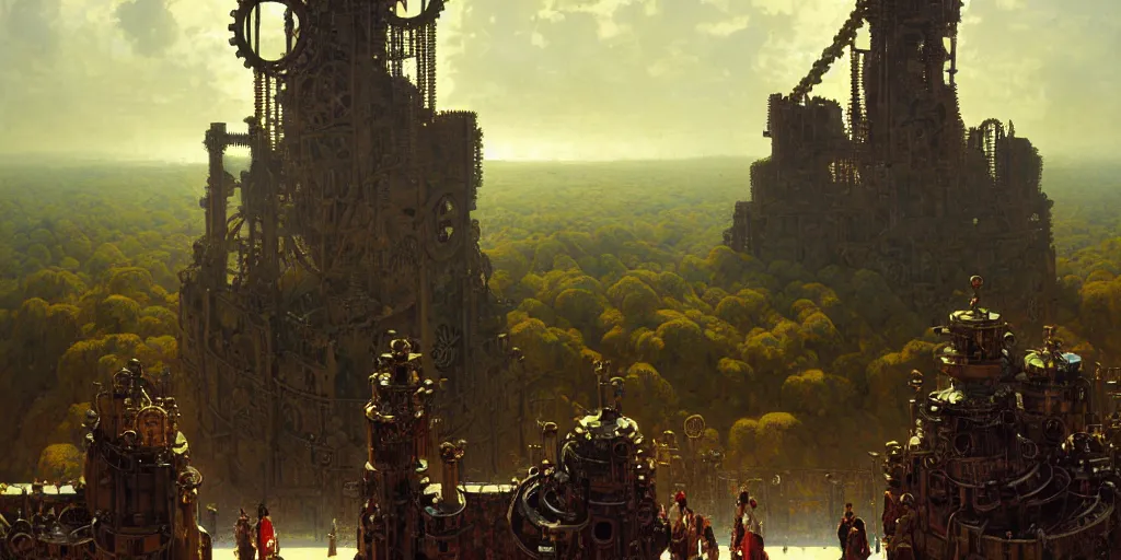 Prompt: giant interlocked gears cogs no people clockwork, giant mechanisms, industry, villages castles, buildings vista artstation illustration sharp focus sunlit vista painted by ruan jia raymond swanland lawrence alma tadema zdzislaw beksinski norman rockwell tom lovell alex malveda greg staples