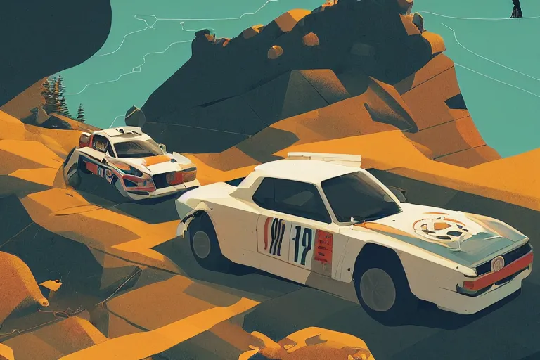 Image similar to rally car ascending a mountain, editorial illustration, isometric, modern art deco, ( ( mads berg ) ), christopher balaskas, victo ngai, detailed, dynamic composition, wide angle, matte print, unreal engine, film grain