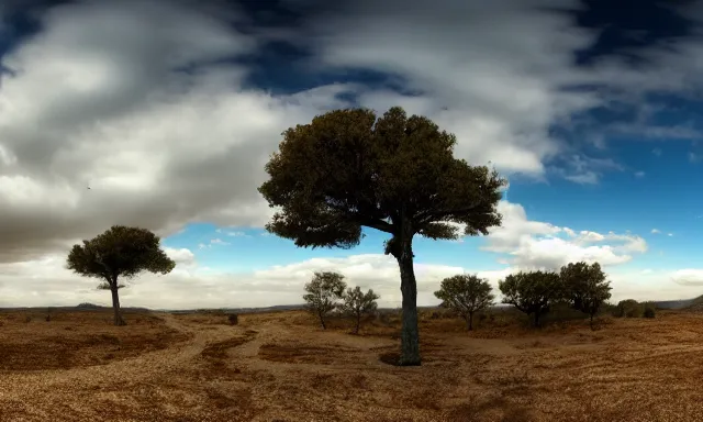 Image similar to panorama of big raindrops flying upwards into the perfect cloudless blue sky from a dried up river in a desolate land, dead trees, blue sky, hot and sunny highly-detailed, elegant, dramatic lighting, artstation, 4k, cinematic landscape, photograph by National Geographic