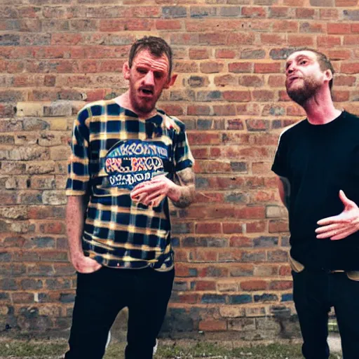 Prompt: sleaford mods shouting at their noisy neighbour, wide angle, gritty