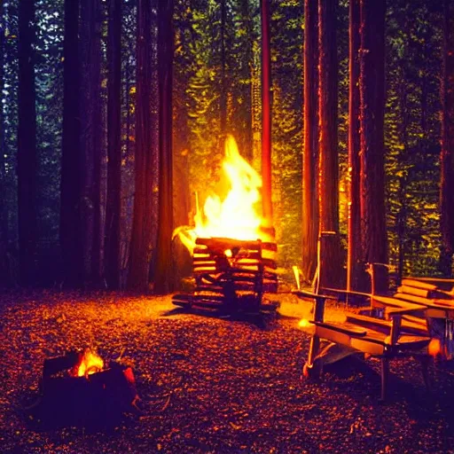 Image similar to cabin in the woods at night, campfire, lens blur, fireflies