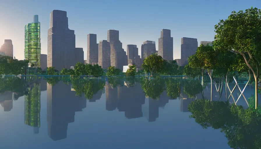 Prompt: green park in los angeles with green glass domes and a lake in middle with glass buildings far away, sunset, volumetric light view, hyperdetailed, artstation, cgsociety, 8 k