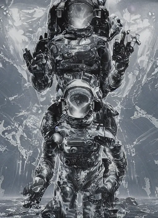 Image similar to astronauts in dark and empty void underwater - complex and hyperdetailed technical suit. reflection and dispersion materials. rays and dispersion of light. volumetric light. 5 0 mm, f / 3 2. noise film photo. flash photography. ultra realistic, wide angle. poster by wayne barlowe, hajime sorayama aaron horkey, craig mullins
