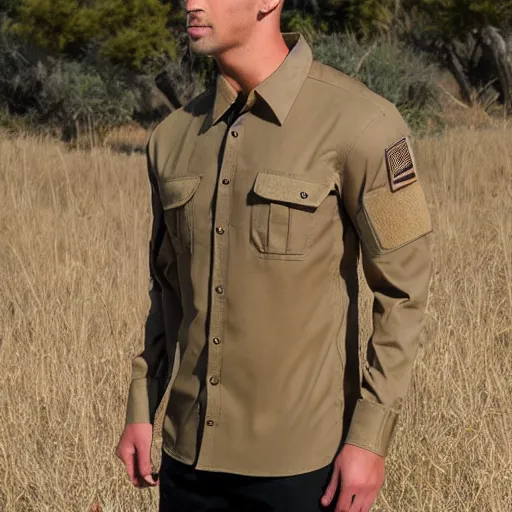 Prompt: tactical cargo buckskin shirt with tactical pouches